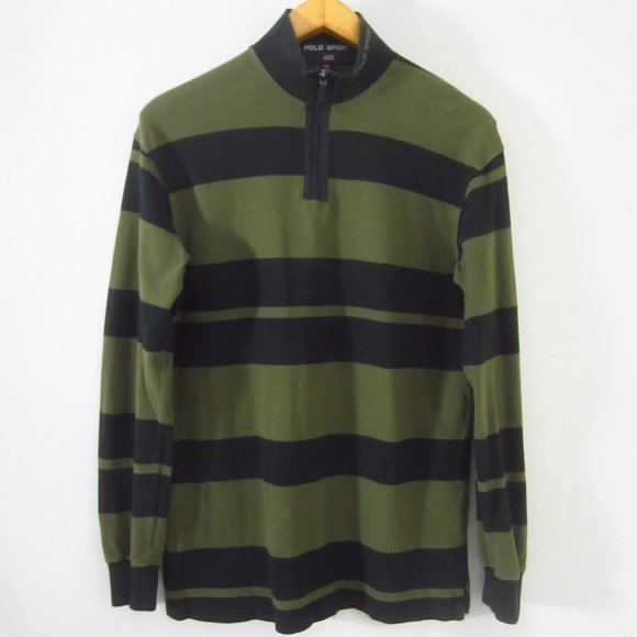 Polo Sport Ralph Lauren Mens S Olive Green Striped LS 1/4 Zip Cotton Polo Shirt - Picture 1 of 10
